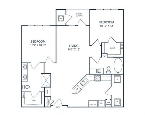Floor plan for 2 beds, 2 baths, 1024 sqft